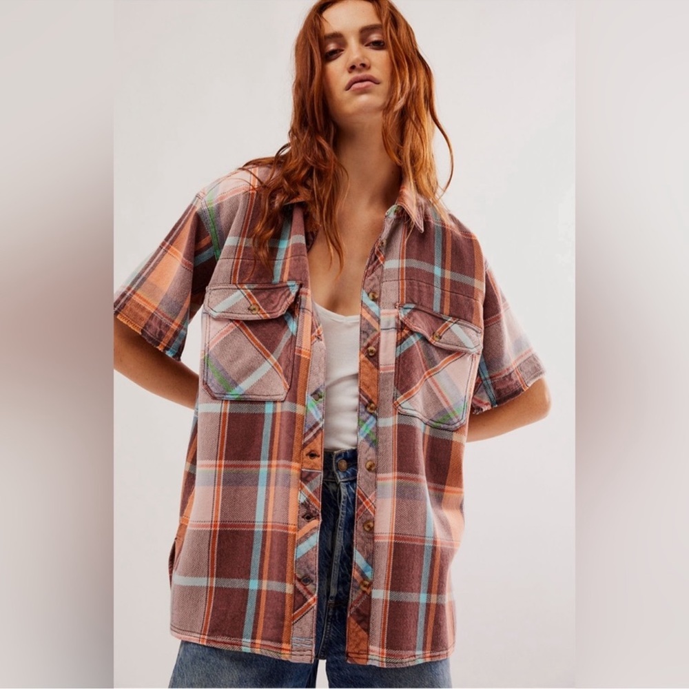 Free People Brown Plaid Short Sleeve Button-Down Shirt